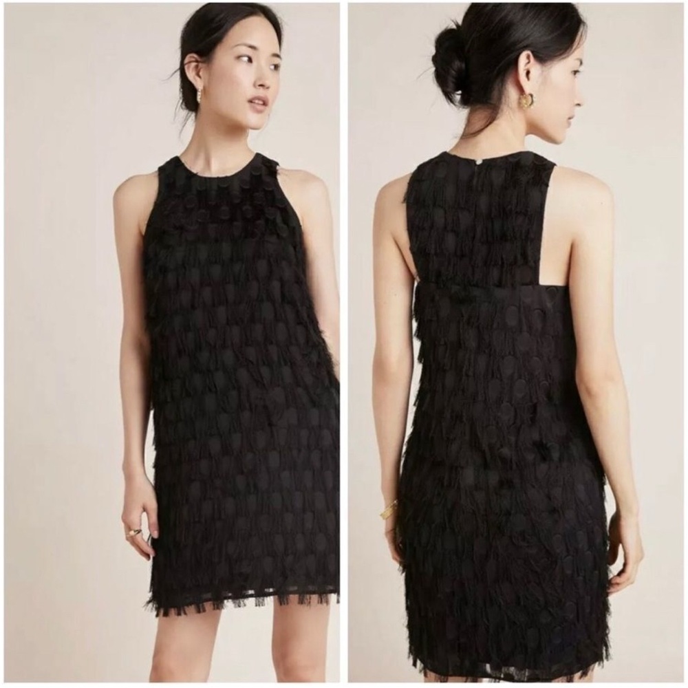 Anthropologie Black Fringe Sheath Dress